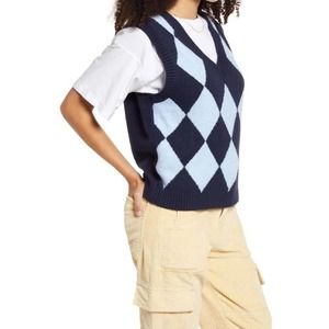 BP Sweater Vest Small Womens Blue Navy Diamond Preppy V Neck Pullover